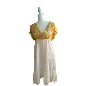 Flying Tomato Yellow & Ivory Lace Dress Mesh Flutter Sleeves Boho Style Medium